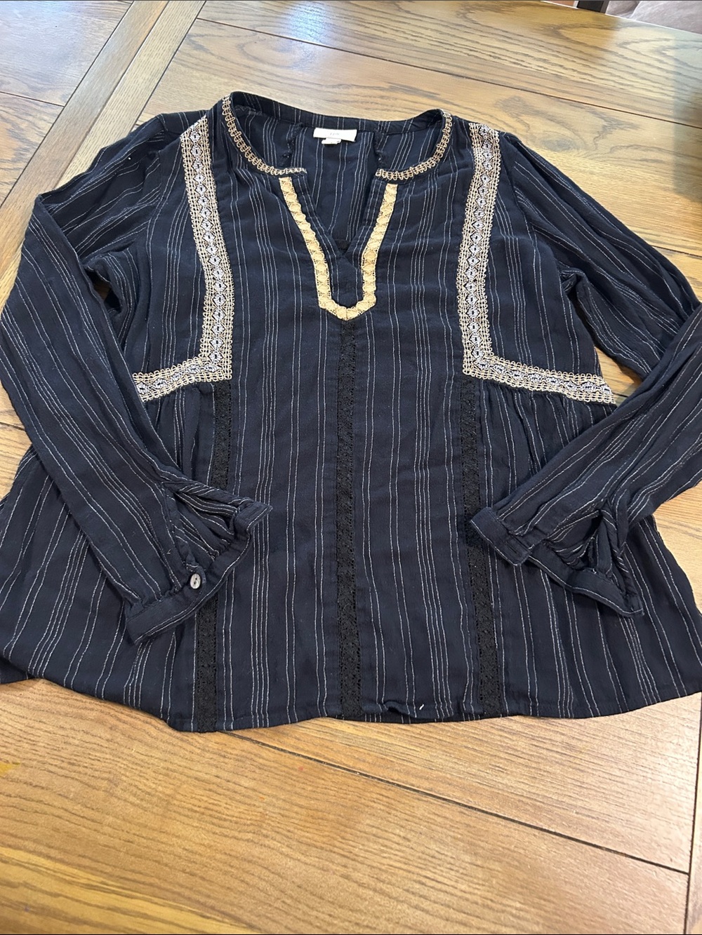 Black Striped Boho Lace-Trim Women's Top size Med